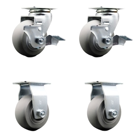 Service Caster 4 Inch Thermoplastic Rubber Caster Set with Roller Bearings 2 Brakes 2 Rigid SCC-20S420-TPRRD-TLB-2-R-2